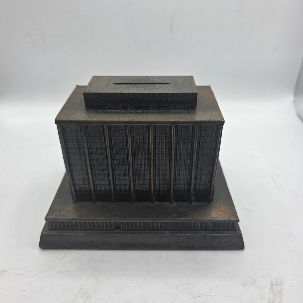Vintage Banthrico First National Bank of Warren Metal Building Coin Bank Chicago